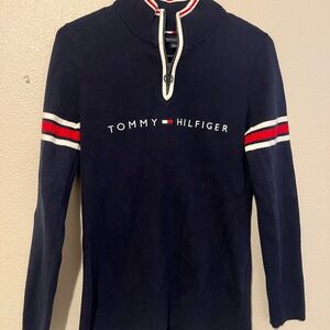 Tommy Hilfiger Women’s Quarter-Zip Sweater Size M Navy Blue Monotype Logo Stripe